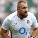 Joe Heyes England tighthead prop stands during Test match, reflecting his rise after support from Michael Cheika at Leicester.