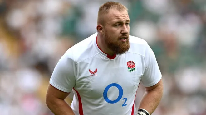 Joe Heyes England tighthead prop stands during Test match, reflecting his rise after support from Michael Cheika at Leicester.