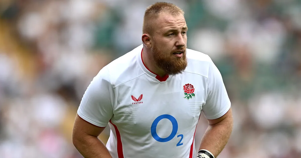 Joe Heyes England tighthead prop stands during Test match, reflecting his rise after support from Michael Cheika at Leicester.
