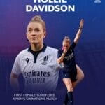 A graphic highlighting Scottish referee Hollie Davidson, featuring text confirming she will be the first female to referee a Men's Six Nations match, alongside an action shot of her blowing the whistle.Six Nations referee