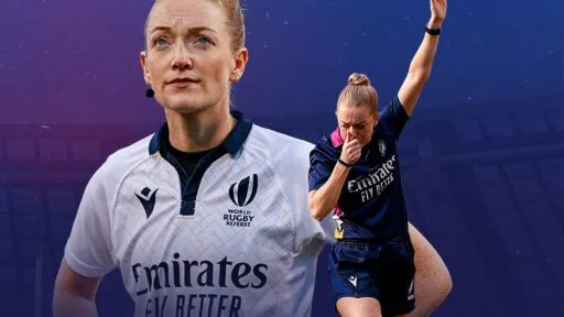 A graphic highlighting Scottish referee Hollie Davidson, featuring text confirming she will be the first female to referee a Men's Six Nations match, alongside an action shot of her blowing the whistle.Six Nations referee