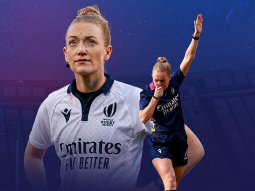 A graphic highlighting Scottish referee Hollie Davidson, featuring text confirming she will be the first female to referee a Men's Six Nations match, alongside an action shot of her blowing the whistle.Six Nations referee