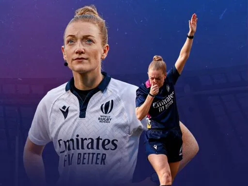 A graphic highlighting Scottish referee Hollie Davidson, featuring text confirming she will be the first female to referee a Men's Six Nations match, alongside an action shot of her blowing the whistle.Six Nations referee
