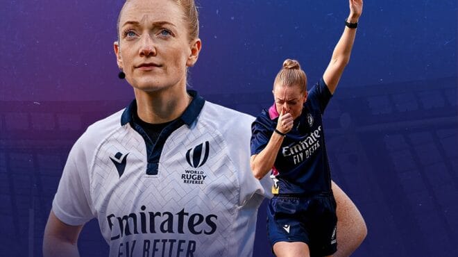 A graphic highlighting Scottish referee Hollie Davidson, featuring text confirming she will be the first female to referee a Men's Six Nations match, alongside an action shot of her blowing the whistle.Six Nations referee