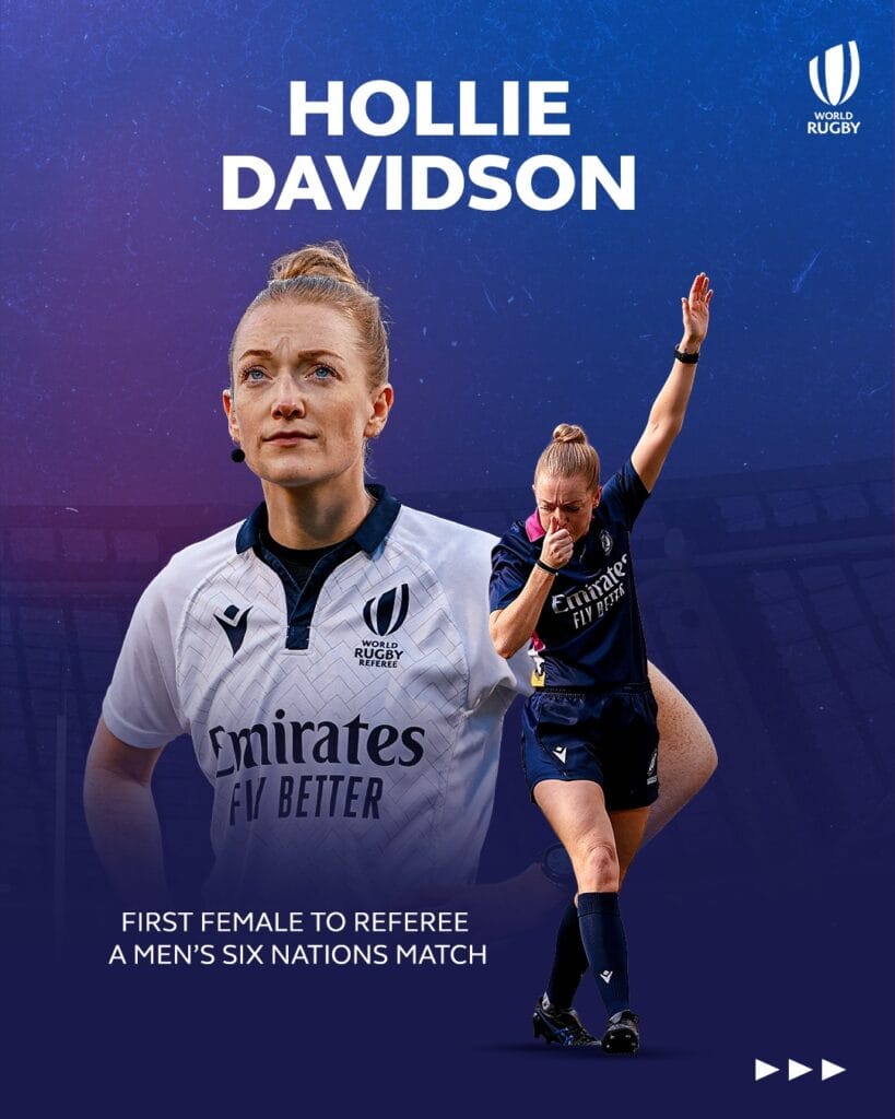 A graphic highlighting Scottish referee Hollie Davidson, featuring text confirming she will be the first female to referee a Men's Six Nations match, alongside an action shot of her blowing the whistle.Six Nations referee