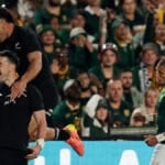 New Zealand players celebrate a try during the first Rugby's Greatest Rivalry Test against South Africa at Ellis Park, Johannesburg will jordan