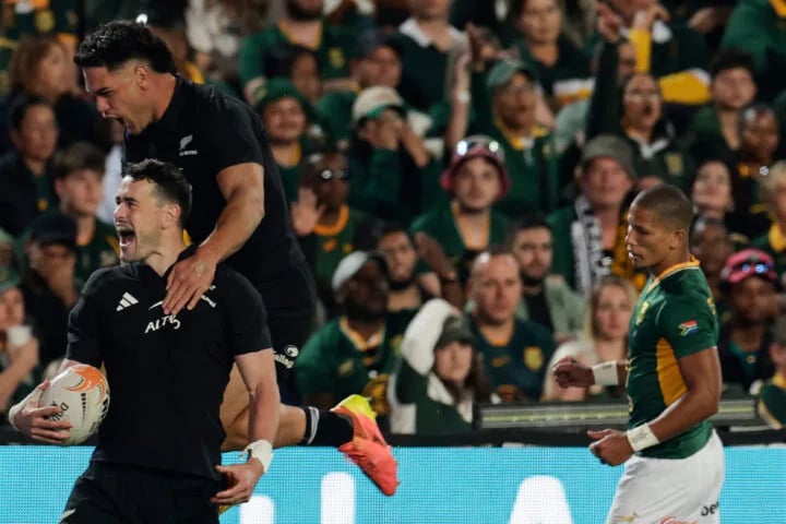 New Zealand players celebrate a try during the first Rugby's Greatest Rivalry Test against South Africa at Ellis Park, Johannesburg will jordan
