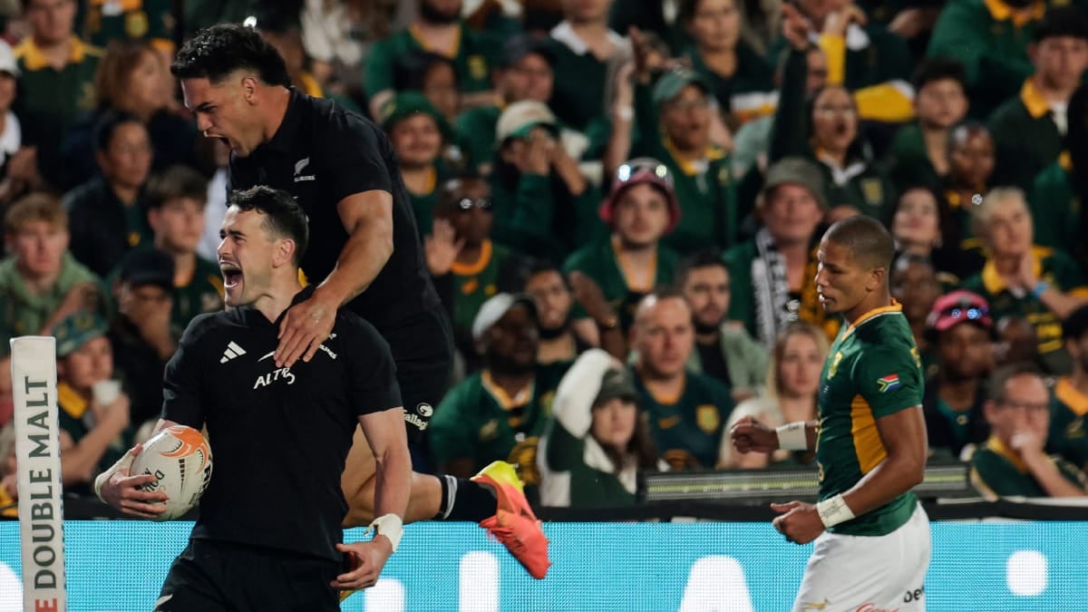 New Zealand players celebrate a try during the first Rugby's Greatest Rivalry Test against South Africa at Ellis Park, Johannesburg will jordan