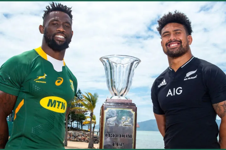 Siya Kolisi and Ardie Savea with the Freedom Cup before New Zealand take on the Springbok blitz defence at Ellis Park