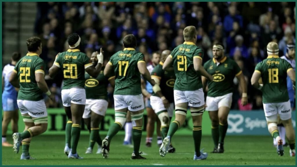 Springboks replacements, including several forwards, coming off the bench — the bomb squad tactic Rassie Erasmus discussed with Eben Etzebeth bomb squad