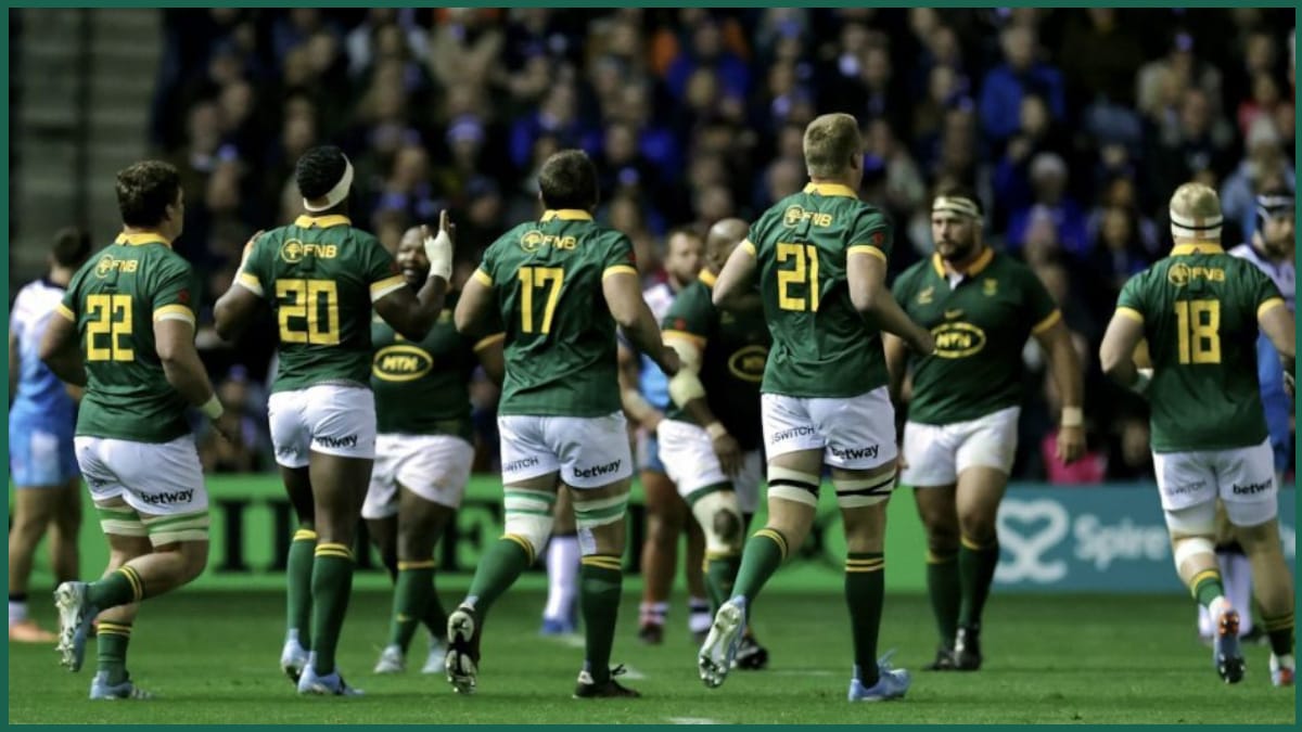 Springboks replacements, including several forwards, coming off the bench — the bomb squad tactic Rassie Erasmus discussed with Eben Etzebeth bomb squad
