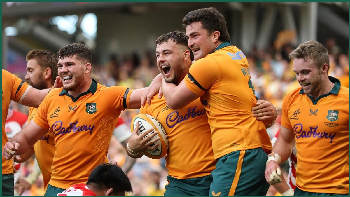 Massimo De Lutiis celebrates his debut try as Wallaby 1000 in the Wallabies vs Japan Test in Townsville