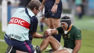 Cheslin Kolbe leaves the field injured during the first Test against New Zealand