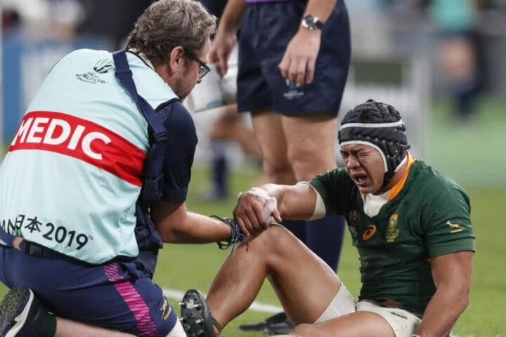 Cheslin Kolbe leaves the field injured during the first Test against New Zealand