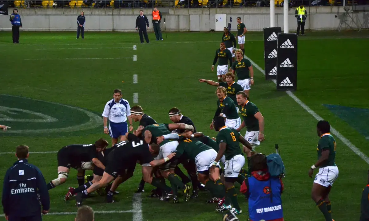 Springboks and All Blacks forwards pack down during the 2011 Tri Nations
