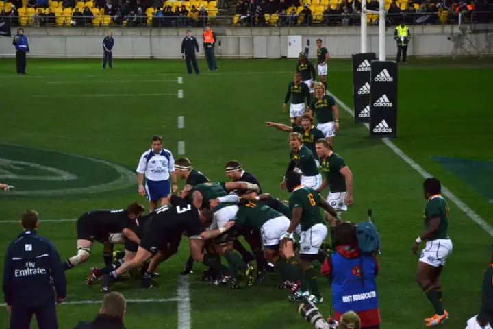 Springboks and All Blacks forwards pack down during the 2011 Tri Nations