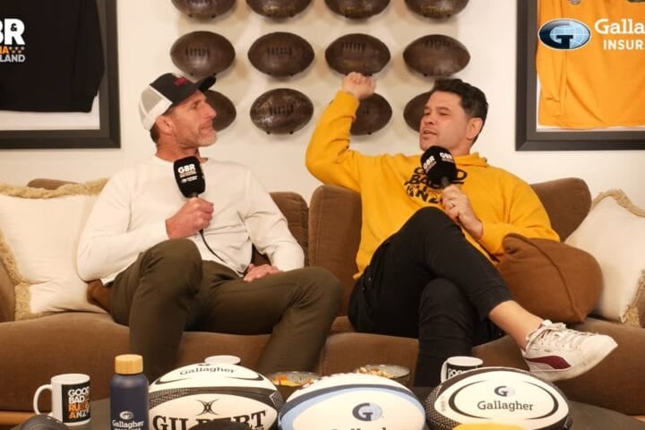 Jeremy Paul, fist raised, makes his point to Kieran Read on The Good, The Bad & Rugby ANZ as he says Ardie Savea is not an eight