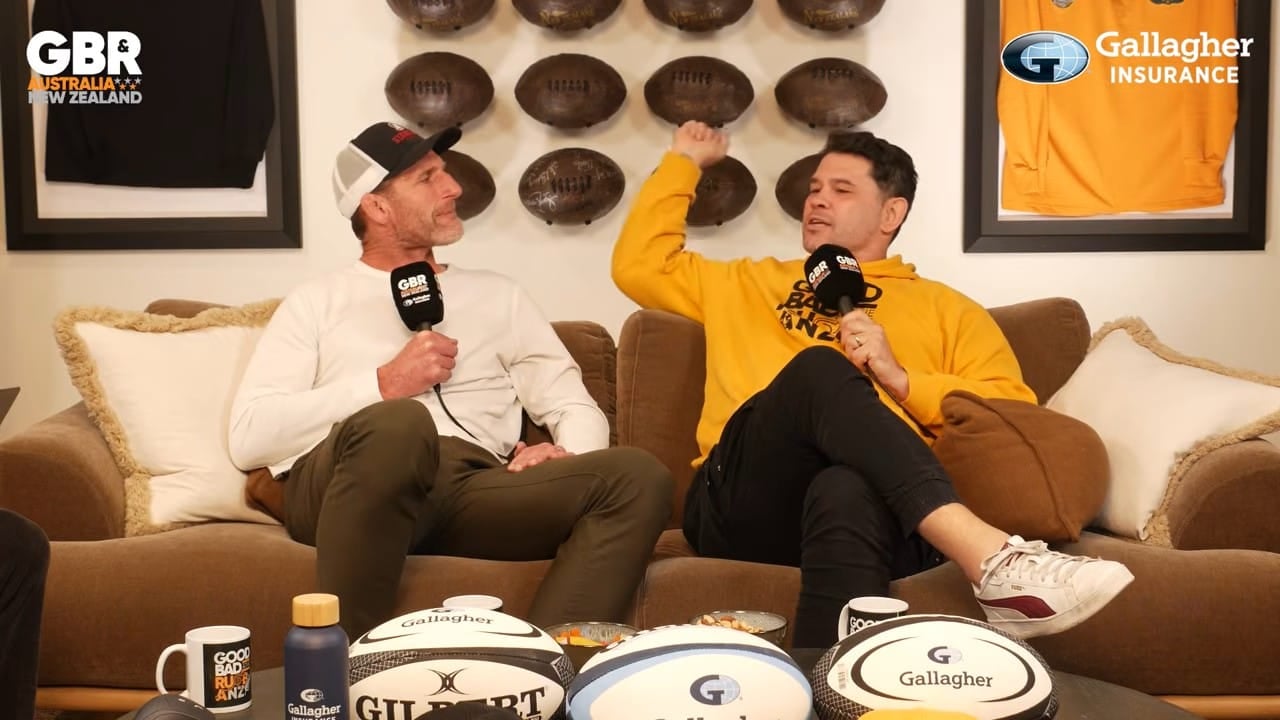 Jeremy Paul, fist raised, makes his point to Kieran Read on The Good, The Bad & Rugby ANZ as he says Ardie Savea is not an eight