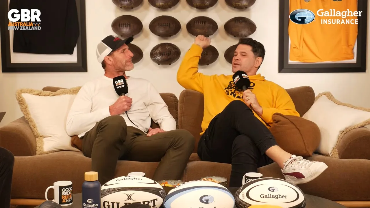 Jeremy Paul, fist raised, makes his point to Kieran Read on The Good, The Bad & Rugby ANZ as he says Ardie Savea is not an eight