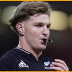 Jordie Barrett carries into contact for the All Blacks against the Springboks at Ellis Park