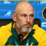 Kevin Foote at a Junior Springboks press conference, with an inset of a young Eben Etzebeth in a green South Africa jersey.