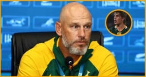 Kevin Foote at a Junior Springboks press conference, with an inset of a young Eben Etzebeth in a green South Africa jersey.