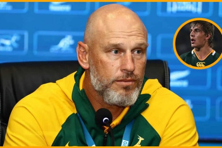 Kevin Foote at a Junior Springboks press conference, with an inset of a young Eben Etzebeth in a green South Africa jersey.