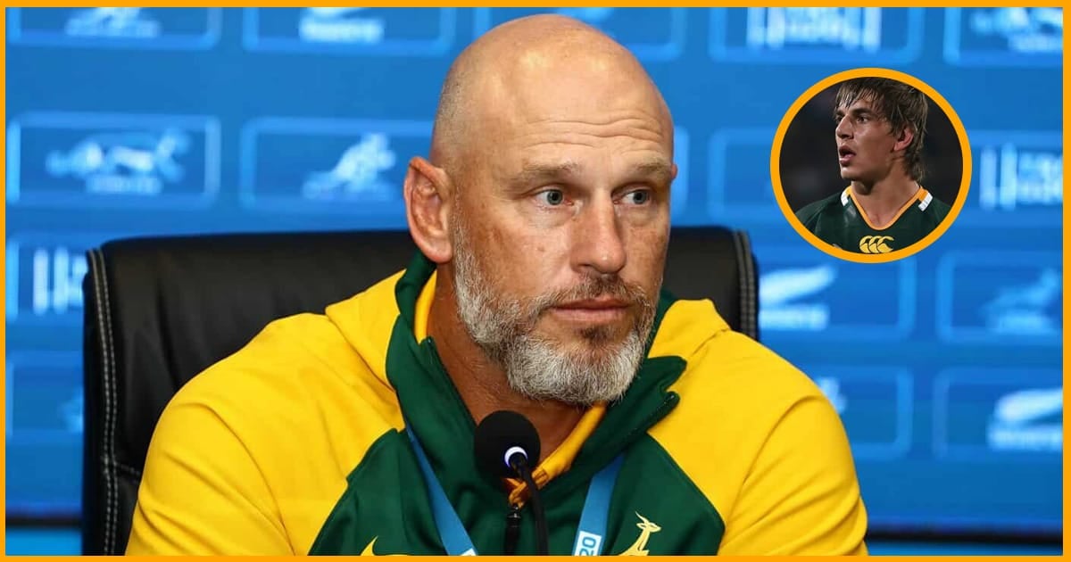 Kevin Foote at a Junior Springboks press conference, with an inset of a young Eben Etzebeth in a green South Africa jersey.