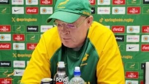 Rassie Erasmus answering a question about Jasper Wiese's 50th cap at the Springboks team announcement in Terrigal on Tuesday 22 September