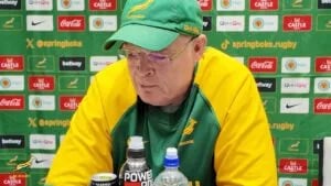 Rassie Erasmus answering a question about Jasper Wiese's 50th cap at the Springboks team announcement in Terrigal on Tuesday 22 September