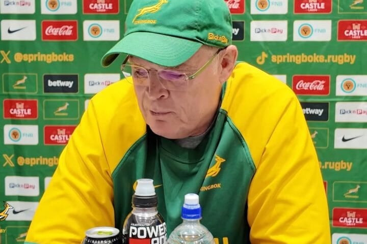 Rassie Erasmus answering a question about Jasper Wiese's 50th cap at the Springboks team announcement in Terrigal on Tuesday 22 September