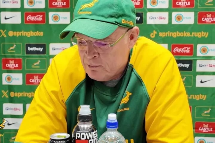 Rassie Erasmus answering a question about Jasper Wiese's 50th cap at the Springboks team announcement in Terrigal on Tuesday 22 September