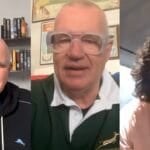 Sir John Kirwan in a Springboks jersey on Rugby Rivals, arguing that the Hanekom tackle on Josh Moorby was an early tackle, with Ric Salizzo and Victor Matfield