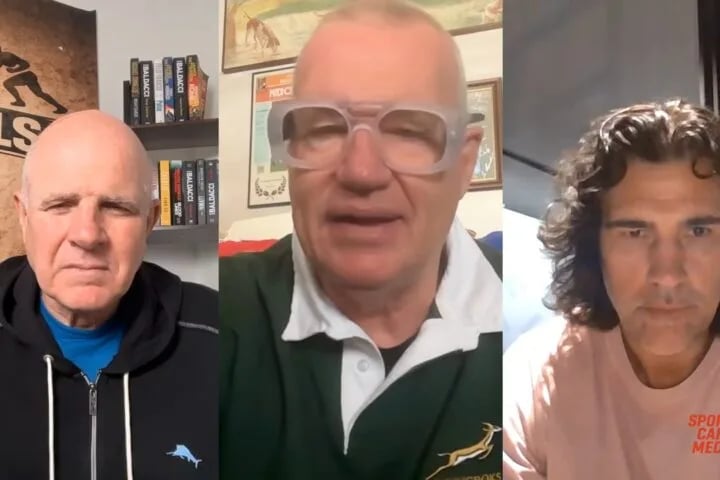 Sir John Kirwan in a Springboks jersey on Rugby Rivals, arguing that the Hanekom tackle on Josh Moorby was an early tackle, with Ric Salizzo and Victor Matfield