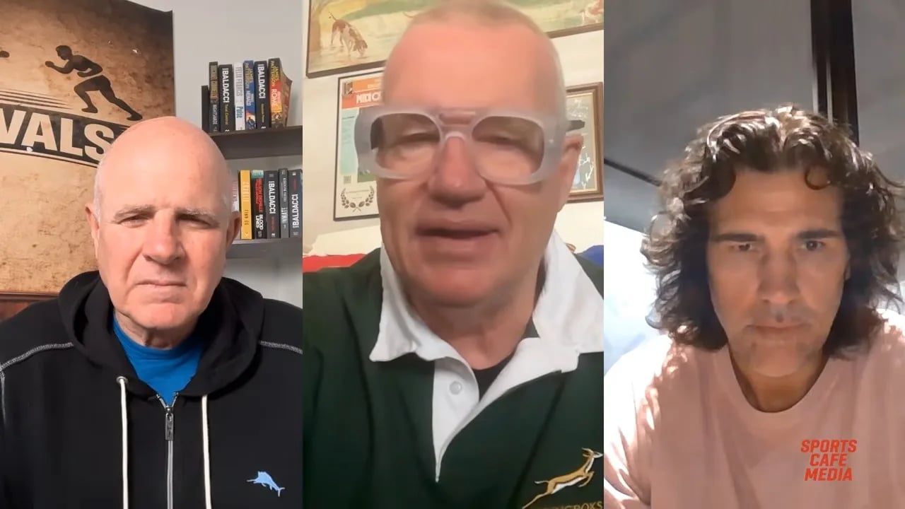 Sir John Kirwan in a Springboks jersey on Rugby Rivals, arguing that the Hanekom tackle on Josh Moorby was an early tackle, with Ric Salizzo and Victor Matfield