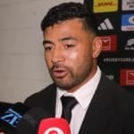 Richie Mo'unga speaks to reporters in the mixed zone at M&T Bank Stadium after the All Blacks lost the fourth Test to the Springboks in Baltimore
