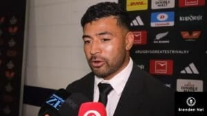 Richie Mo'unga speaks to reporters in the mixed zone at M&T Bank Stadium after the All Blacks lost the fourth Test to the Springboks in Baltimore