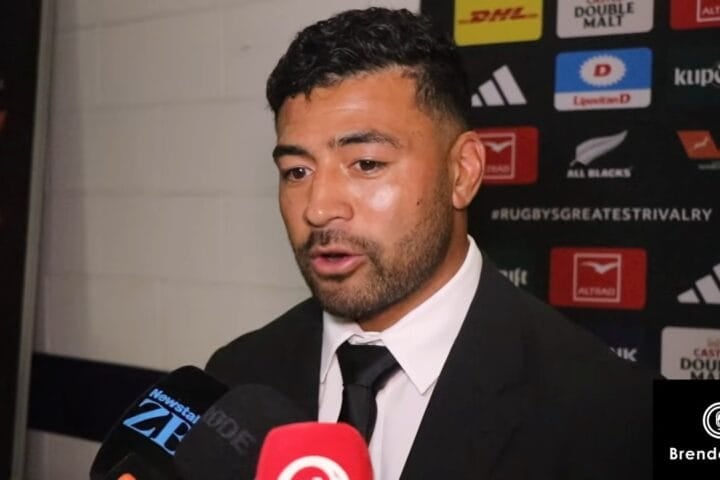 Richie Mo'unga speaks to reporters in the mixed zone at M&T Bank Stadium after the All Blacks lost the fourth Test to the Springboks in Baltimore