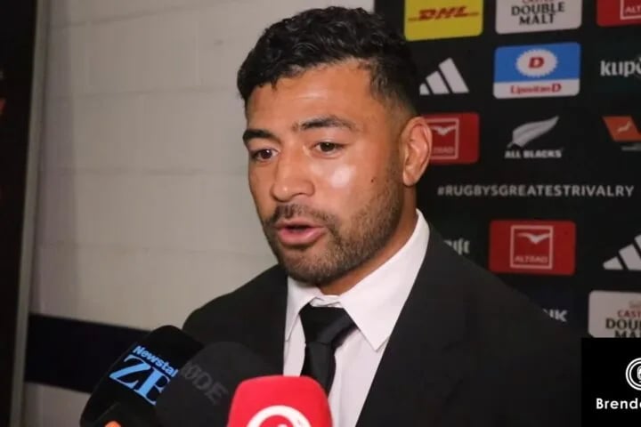 Richie Mo'unga speaks to reporters in the mixed zone at M&T Bank Stadium after the All Blacks lost the fourth Test to the Springboks in Baltimore