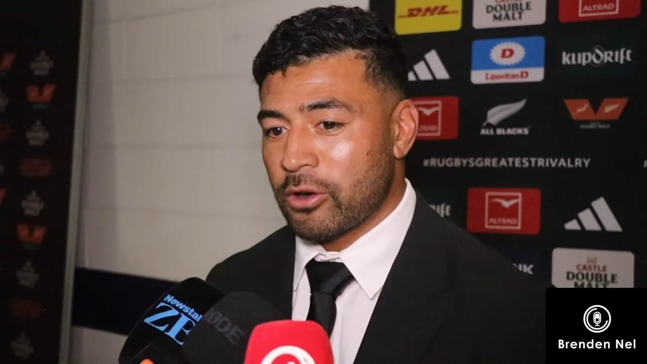 Richie Mo'unga speaks to reporters in the mixed zone at M&T Bank Stadium after the All Blacks lost the fourth Test to the Springboks in Baltimore