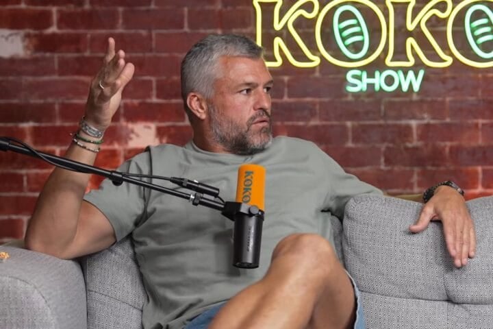 Adam Ashley-Cooper on the KOKO Show couch, hand raised, explaining how a back previews the Springboks defence two days after Baltimore