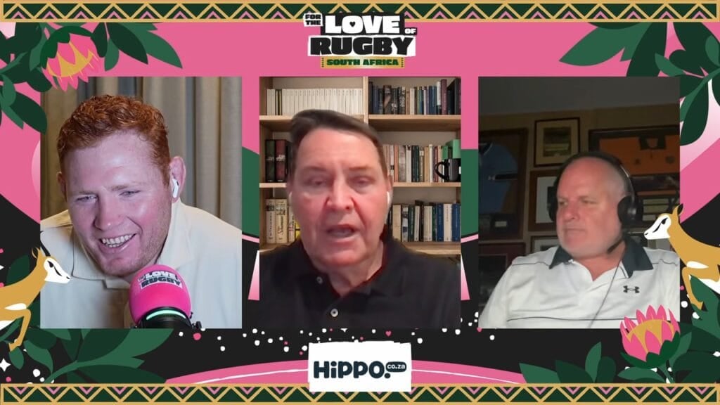 Steve Hansen, centre, talking about the Rugby World Cup 2027 draw with Steven Kitshoff and Ewen McKenzie on For The Love Of Rugby: South Africa
