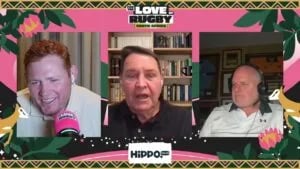 Steve Hansen, centre, talking about the Rugby World Cup 2027 draw with Steven Kitshoff and Ewen McKenzie on For The Love Of Rugby: South Africa
