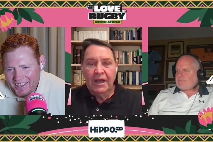 Steve Hansen, centre, talking about the Rugby World Cup 2027 draw with Steven Kitshoff and Ewen McKenzie on For The Love Of Rugby: South Africa