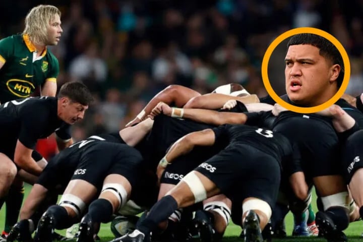 Tamaiti Williams Scrum Warning: The Ref Has Watched You Already A referee crouches beside an All Blacks scrum against the Springboks, watching the front row before the engagement
