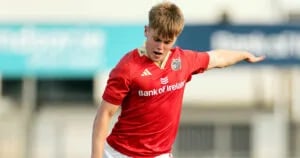 Charlie O'Shea in the Munster jersey, the academy fly-half who starts at 10 with Jack Crowley out until January
