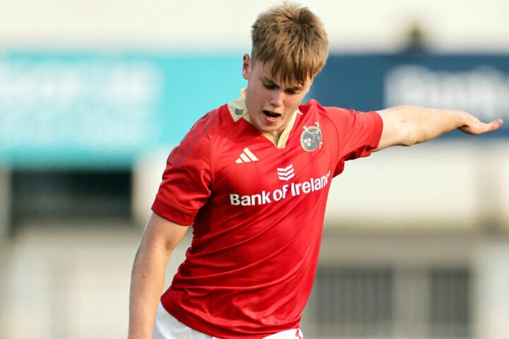 Charlie O'Shea in the Munster jersey, the academy fly-half who starts at 10 with Jack Crowley out until January