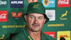 Springboks scrum coach Daan Human speaking at a press conference before the third Test against the All Blacks