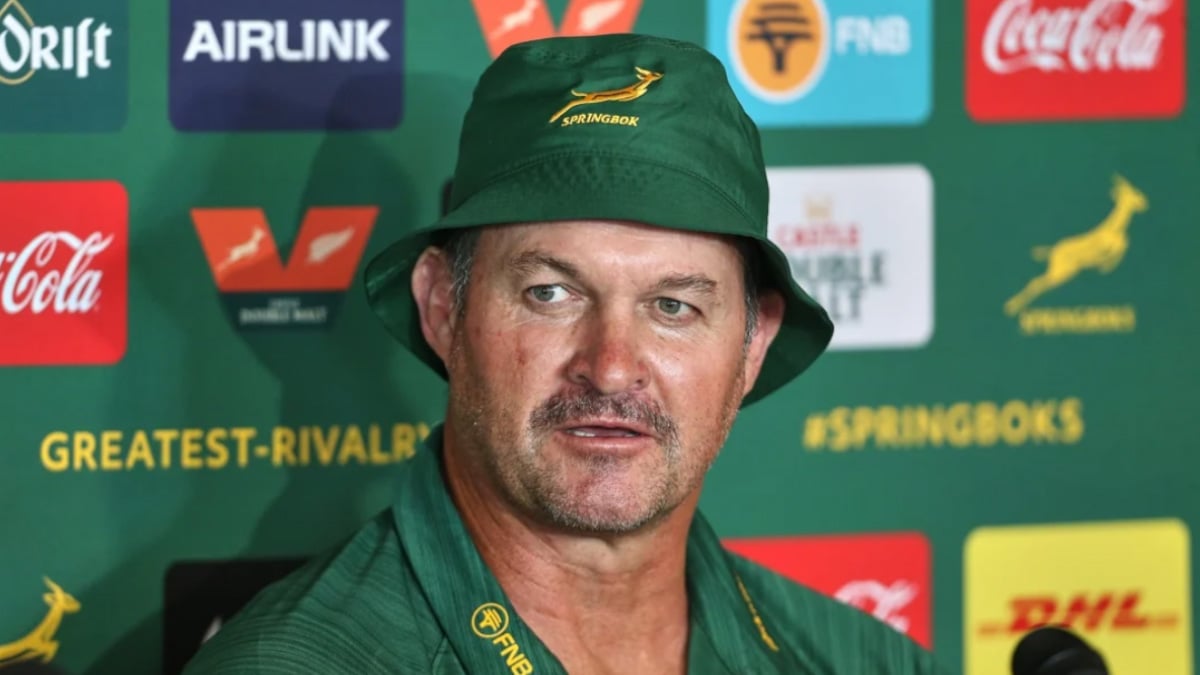 Springboks scrum coach Daan Human speaking at a press conference before the third Test against the All Blacks