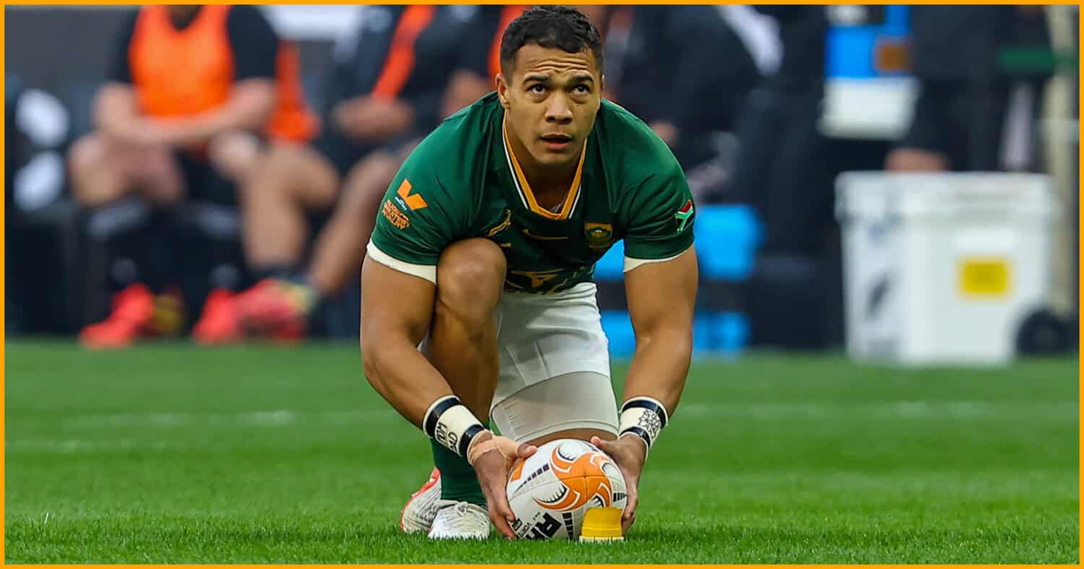 Cheslin Kolbe gestures while talking about his goal-kicking on For The Love Of Rugby: South Africa